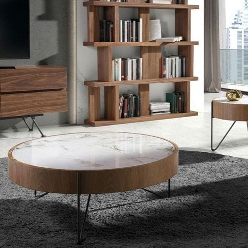 Canvanation Table Basse Ronde Moderne en Marbre et Bois Noyer – Élégance et Design Avant-Gardiste