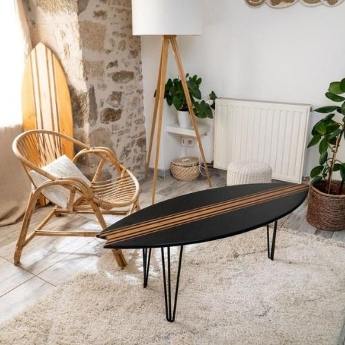 Table Basse Inspiration Océan en Bois Fait-Main avec Pieds Épingle Noir