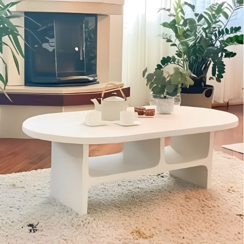 Table Basse en Béton Blanc avec Rangements Intégrés et Design Épuré