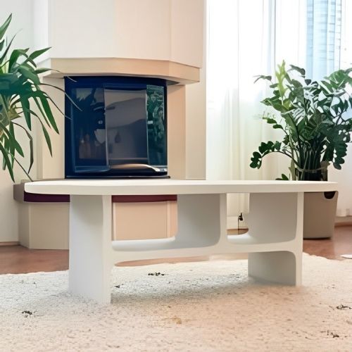 Table Basse en Béton Blanc avec Rangements Intégrés et Design Épuré