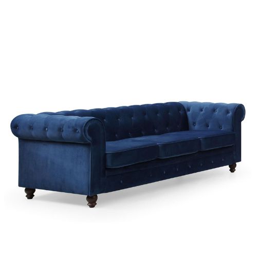 Canapé Chesterfield 3 Places en Velours Bleu – Élégance et Confort au Rendez-vous