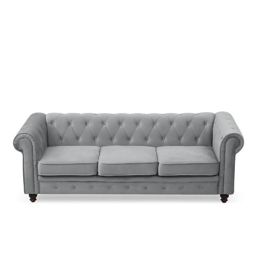 Canapé Chesterfield 3 Places en Velours Gris clair – Élégance et Confort au Rendez-vous