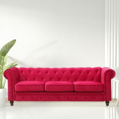 Canvanation Canapé Chesterfield 3 Places en Velours Rouge – Élégance et Confort au Rendez-vous