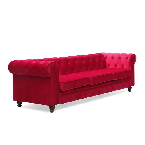 Canapé Chesterfield 3 Places en Velours Rouge – Élégance et Confort au Rendez-vous