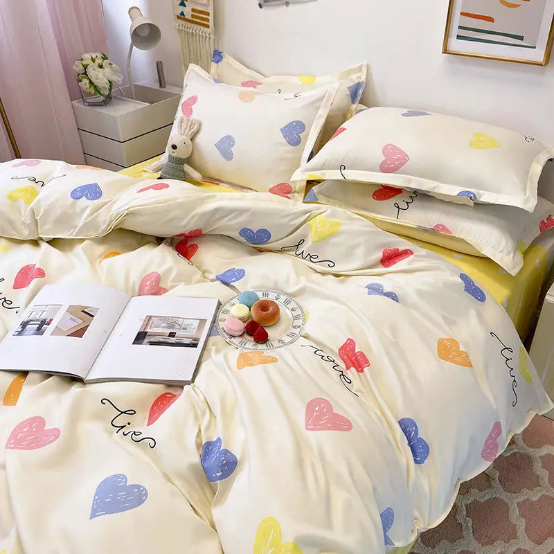 Housse De Couette + Taies D'Oreillers + Drap De Lit - Coeurs Imprimés