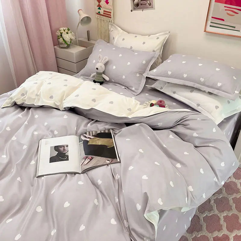 Housse De Couette + Taies D'Oreillers + Drap De Lit - Coeurs Imprimés