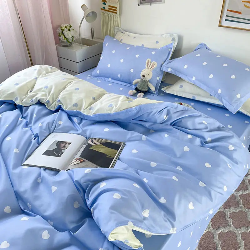 Housse De Couette + Taies D'Oreillers + Drap De Lit - Coeurs Imprimés