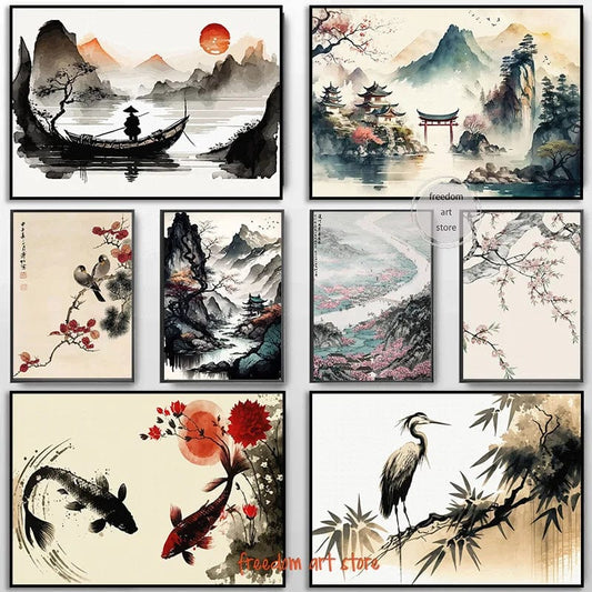 Affiche Japonais Paysage Chinois Couple Oiseaux Forêt Montagne Rivière Poisson Carpe Koi