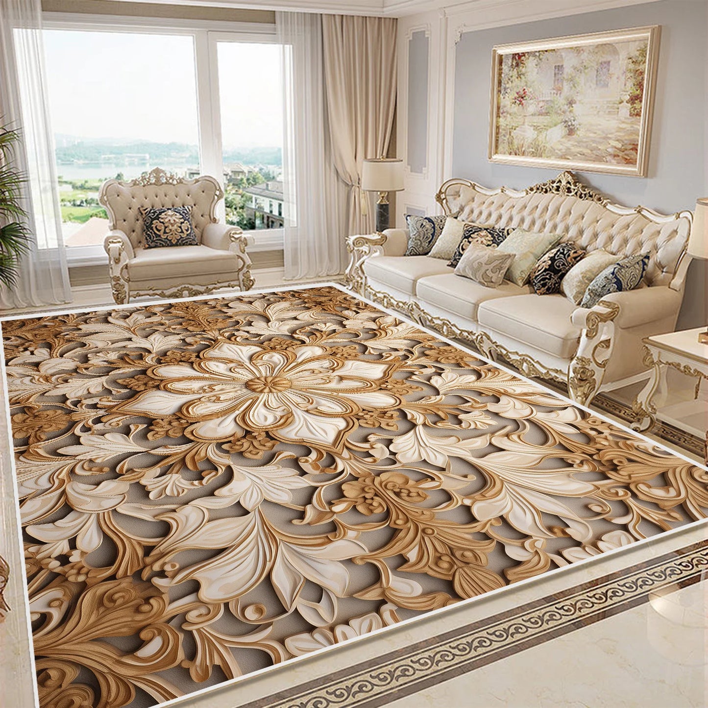 Tapis De Chambre - Fleurs Dorée 3D Luxe