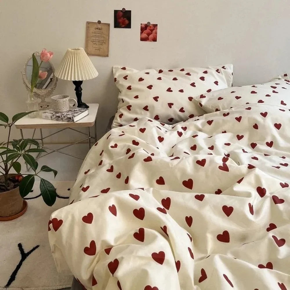 Housse De Couette + Taies D'Oreillers + Drap De Lit - Coeurs Imprimés