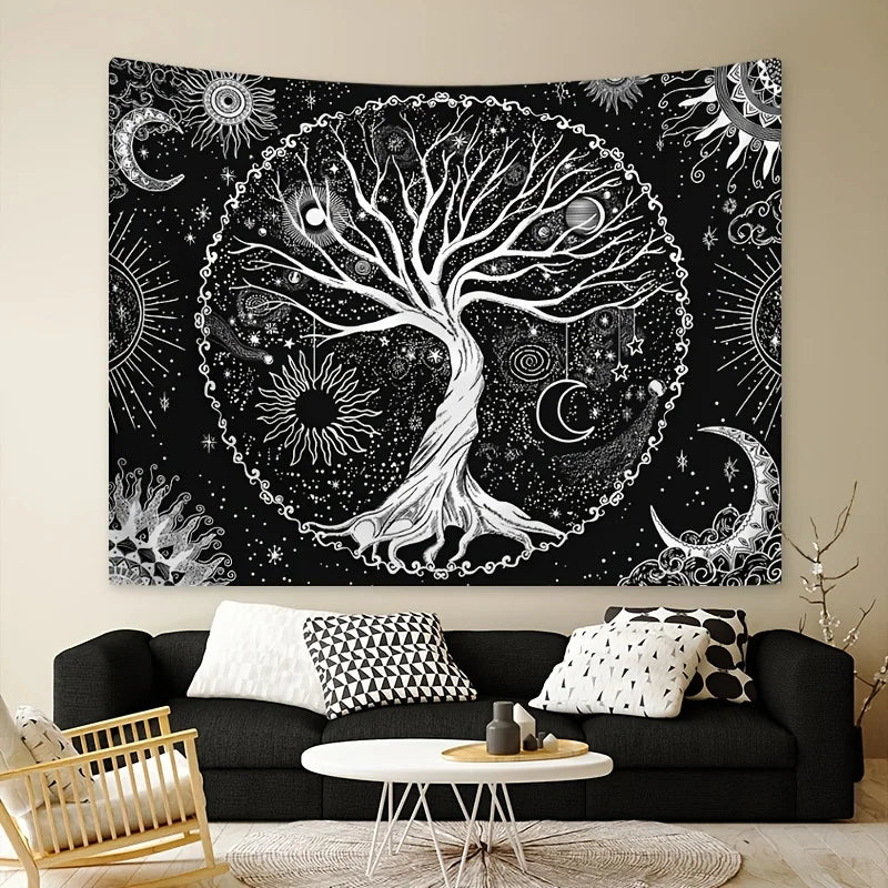 Tapisserie -  L'arbre de vie, du soleil et de la lune, de style bohémien, de couleur noire