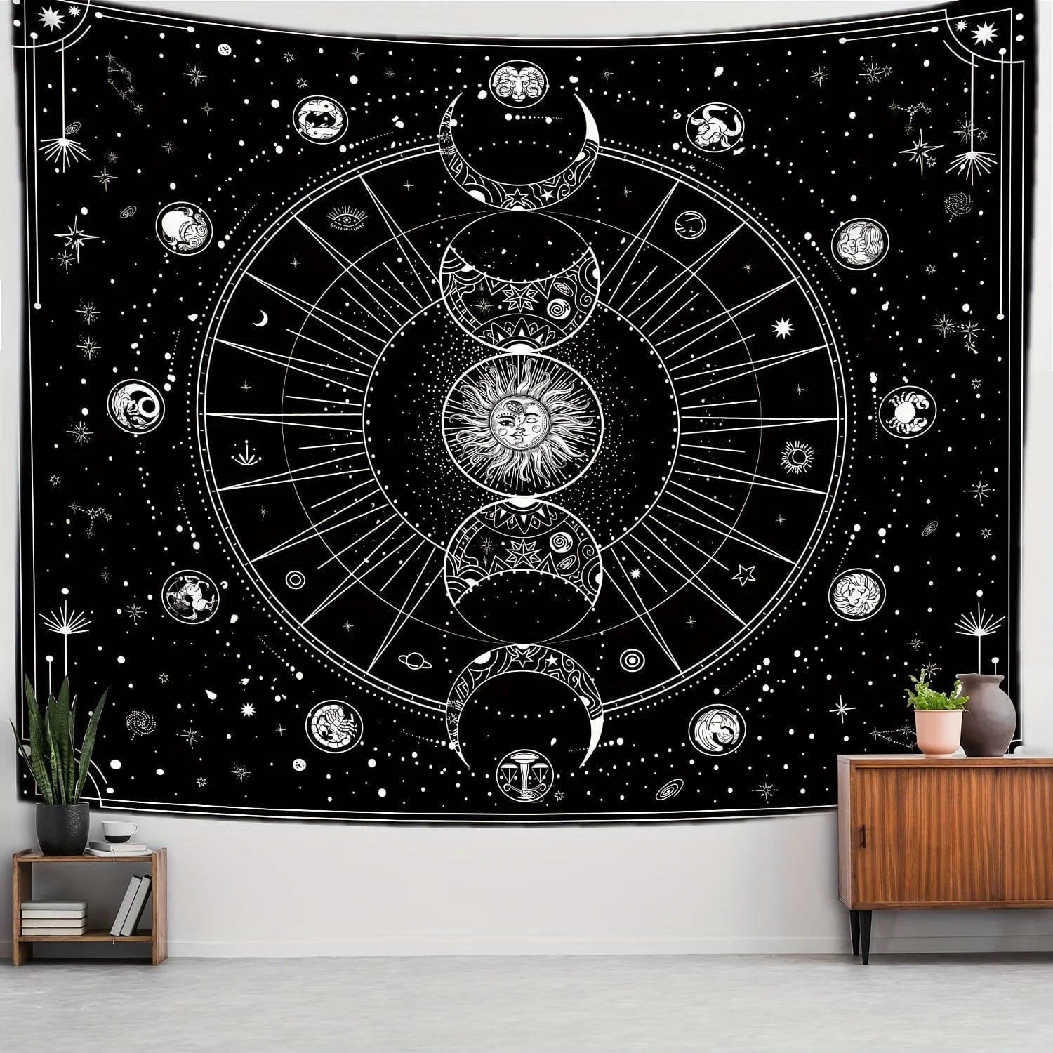 Tapisserie Constellation Psychédélique Soleil et Lune Noir Et Blanc