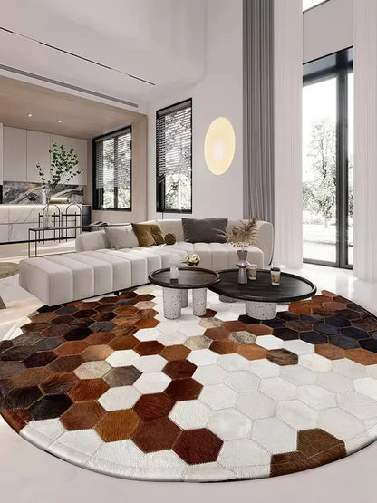 Canvanation Tapis Rond en Véritable Peau de Vache – Marron, Noir et Blanc, Fait Main, Tapis de Salon et Chambre Style Naturel