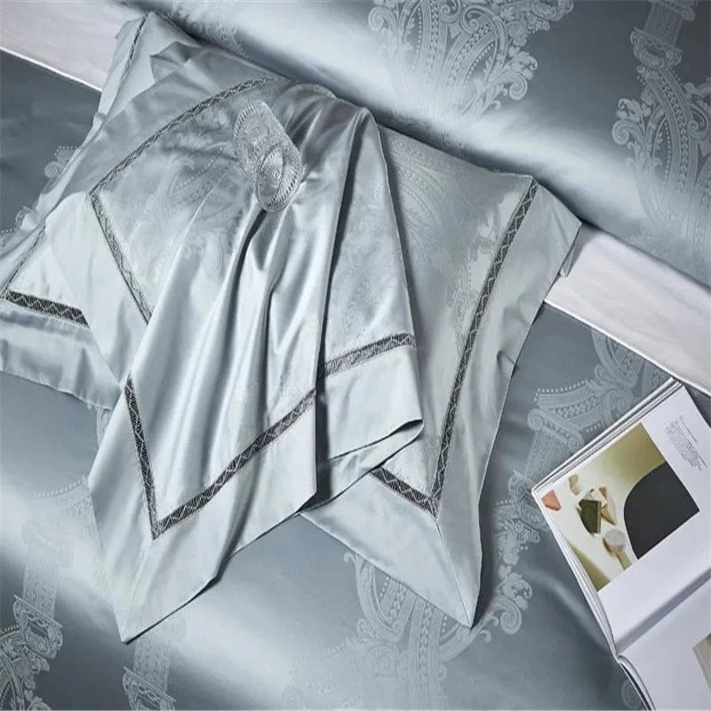 Canvanation IVANA - Drap Housse + Housse De Couette + Oreiller en coton égyptien de luxe Bleu Gris
