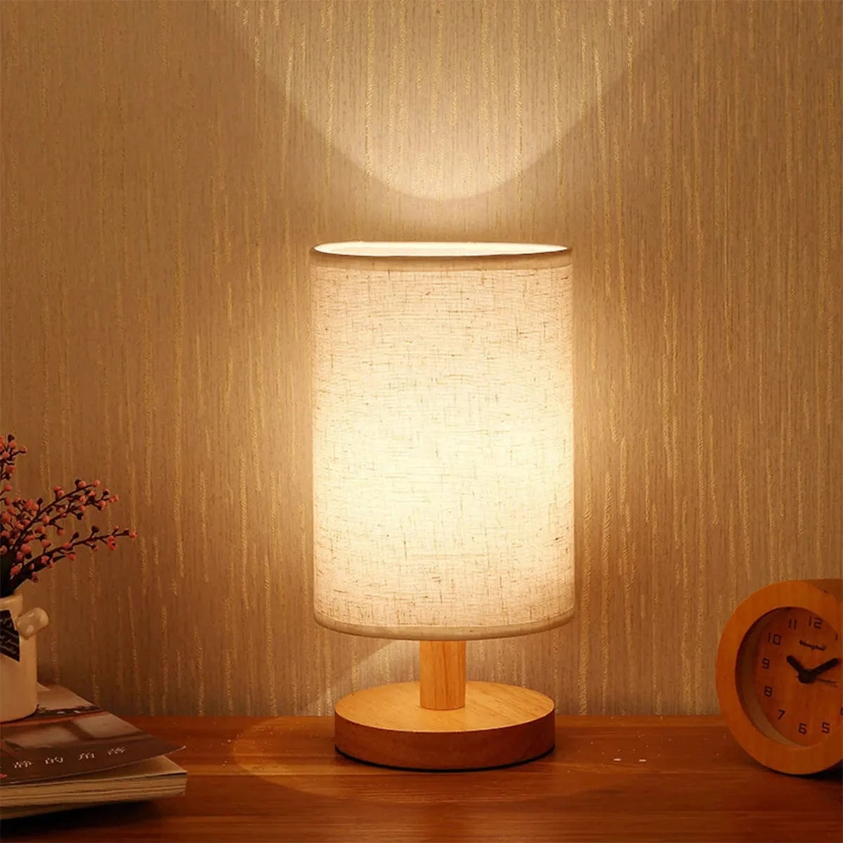 Canvanation Lampe de Chevet en Bois avec Abat-Jour en Lin – LED Tactile et USB