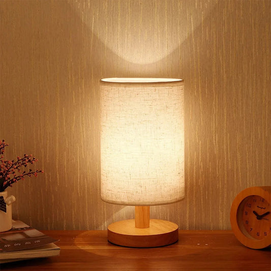Canvanation Lampe de Chevet en Bois avec Abat-Jour en Lin – LED Tactile et USB