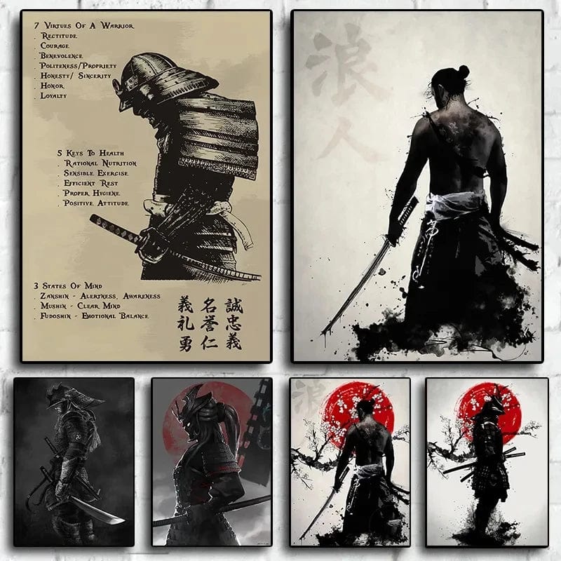 Black Japanese Painting Samurai Sakura