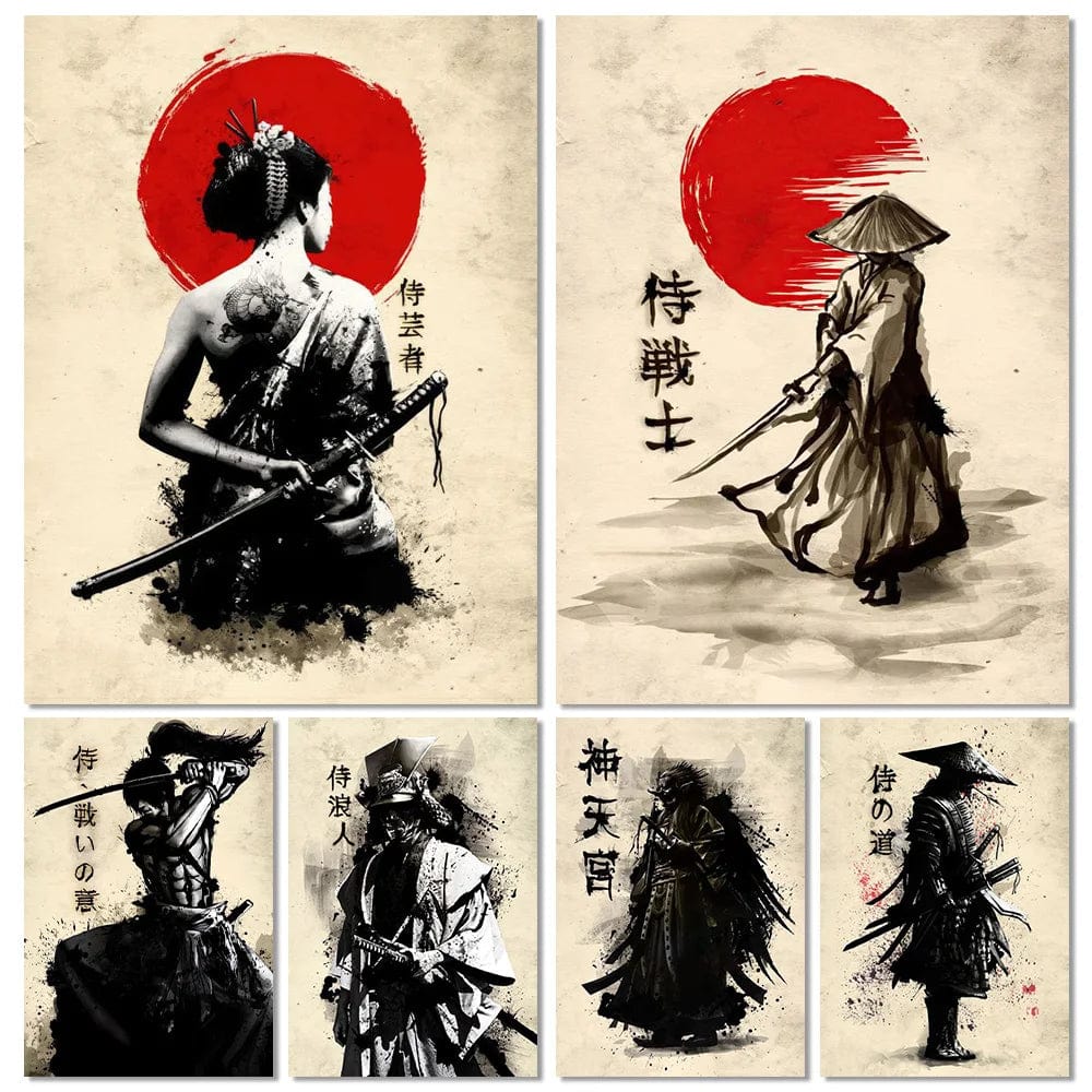 Japanisches Samurai-Gemälde-Poster im Tintenstil