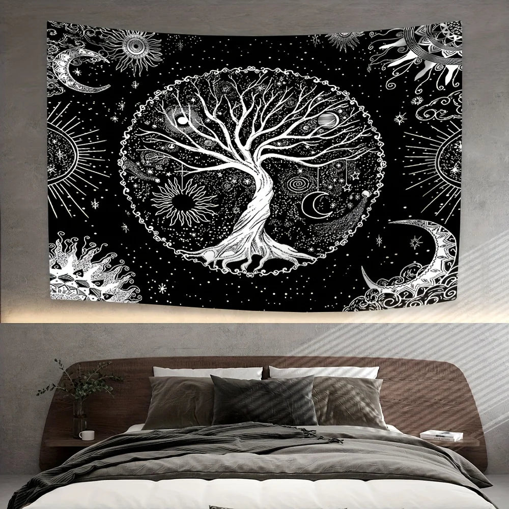 Tapisserie -  L'arbre de vie, du soleil et de la lune, de style bohémien, de couleur noire