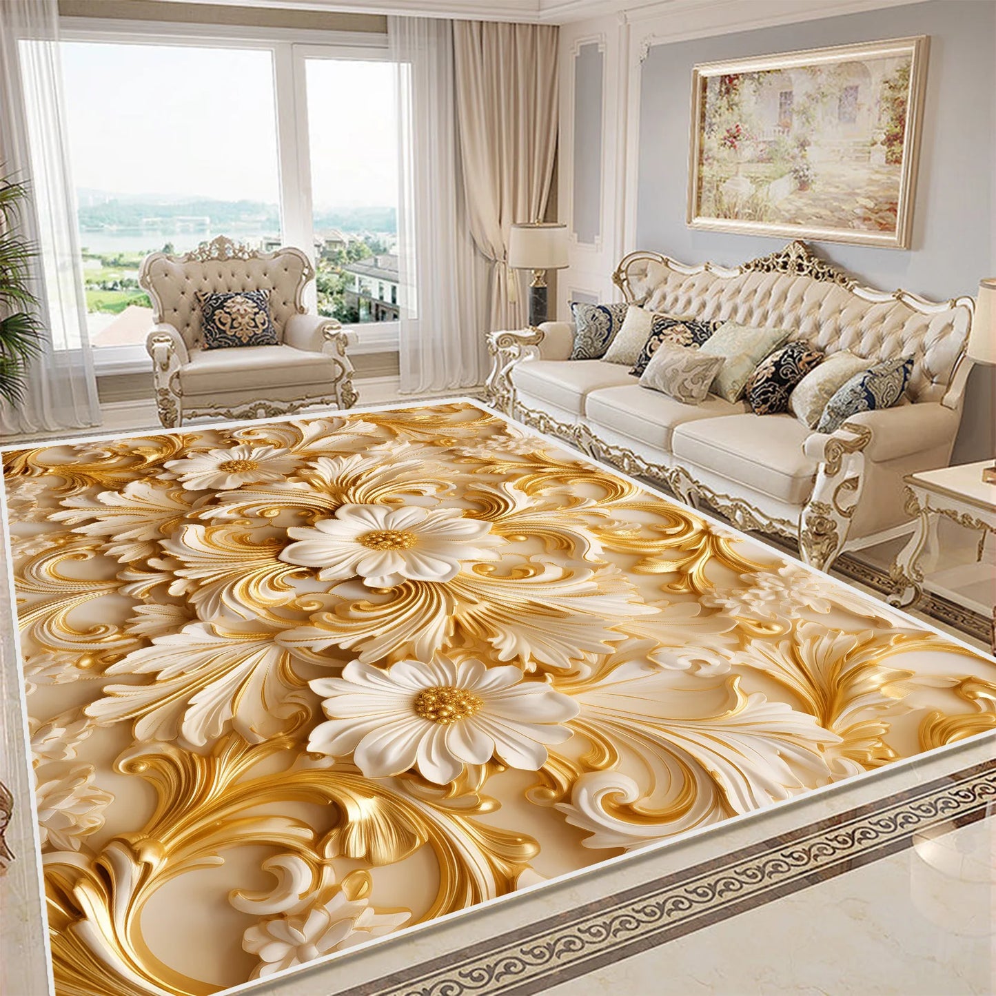 Tapis De Chambre - Fleurs Dorée 3D Luxe