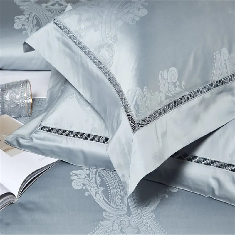 IVANA - Drap Housse + Housse De Couette + Oreiller en coton égyptien de luxe Bleu Gris