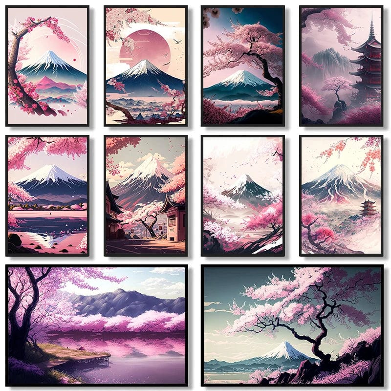 Modern Japanese Wall Painting Sakura And Mount Fuji