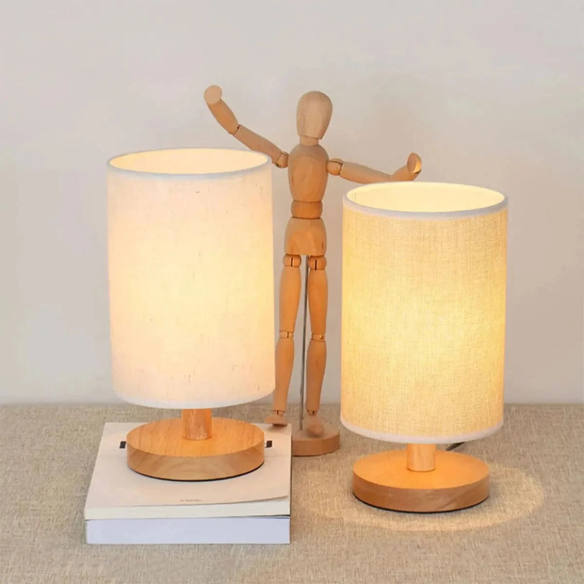 Canvanation Lampe de Chevet en Bois avec Abat-Jour en Lin – LED Tactile et USB