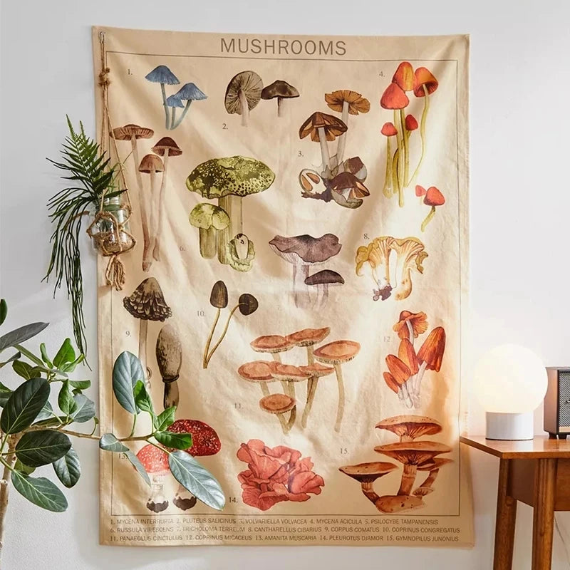 Tapisserie Botanique Champignon, Fleurs - Élégance Naturelle pour Votre Intérieur