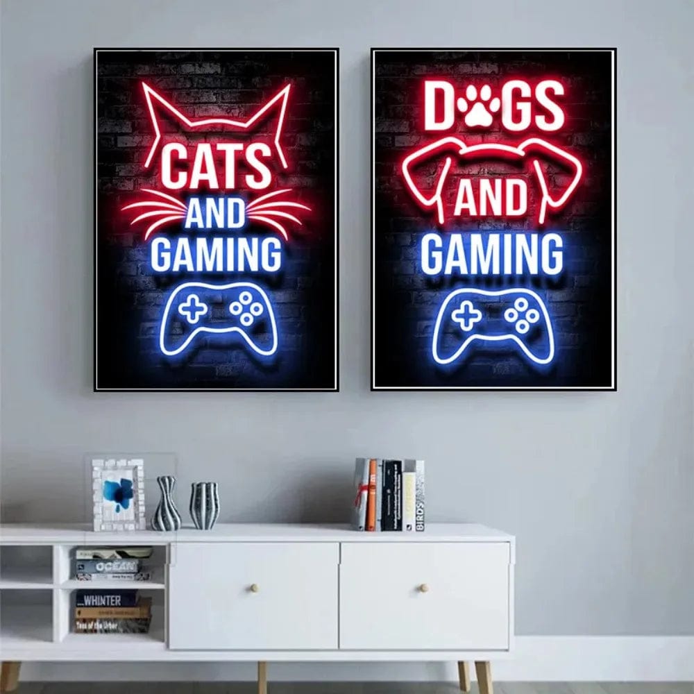 Affiche Neon Chambre Gaming Chat Chien