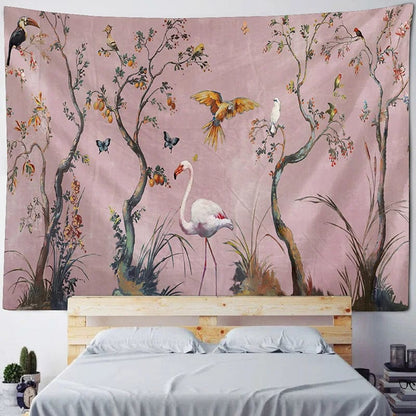 Canvanation Yellow / 230x180cm Tapisserie d'Art Jungle Oiseau – Scène Psychédélique