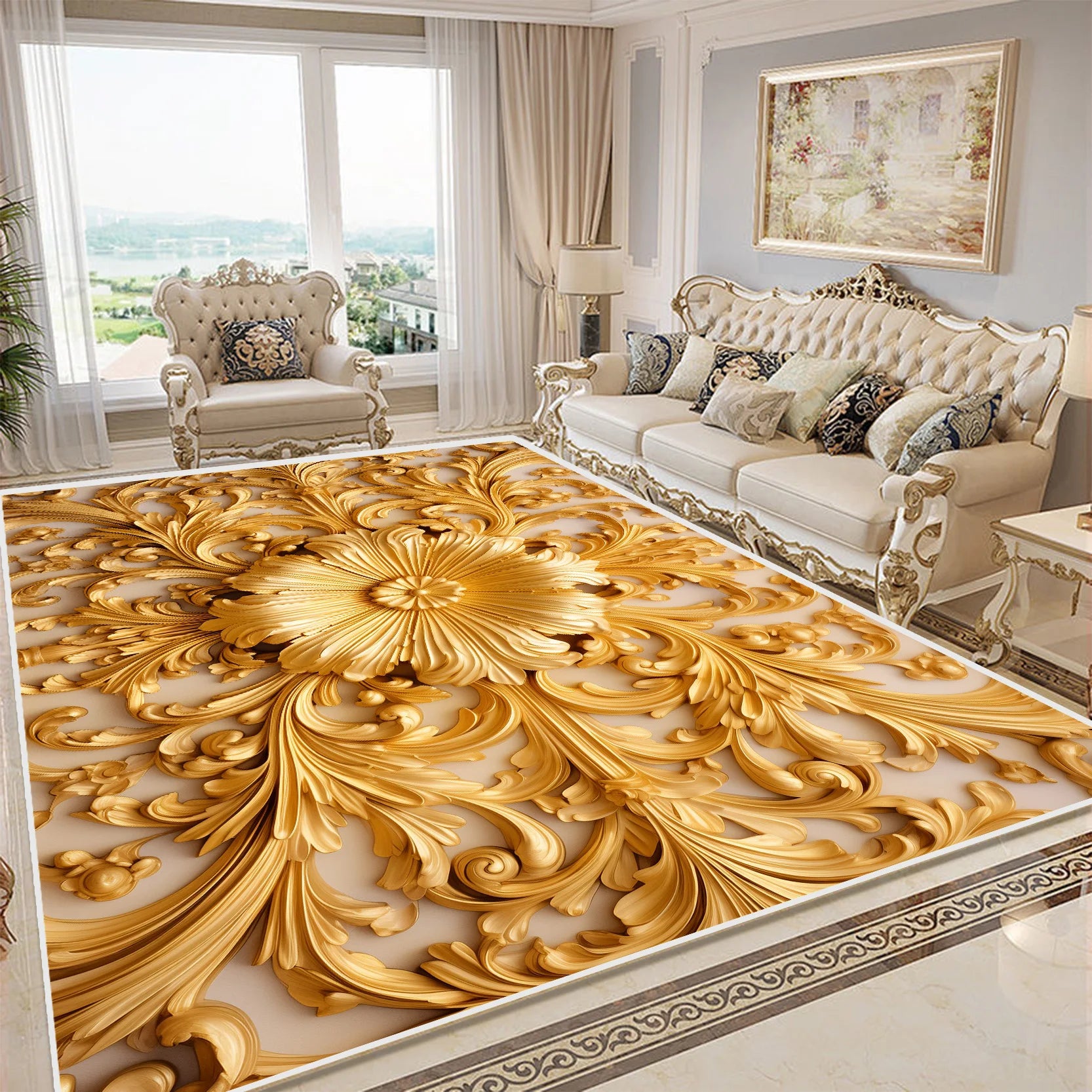 Tapis De Chambre - Fleurs Dorée 3D Luxe