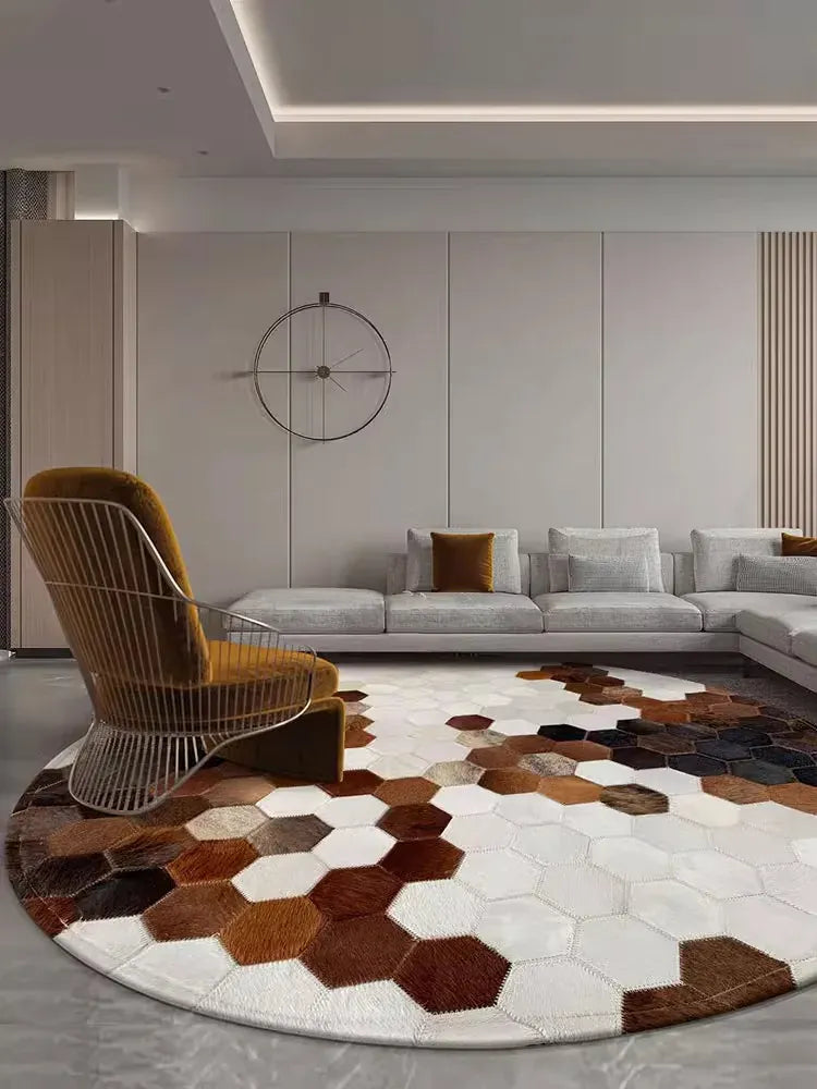 Canvanation Tapis Rond en Véritable Peau de Vache – Marron, Noir et Blanc, Fait Main, Tapis de Salon et Chambre Style Naturel