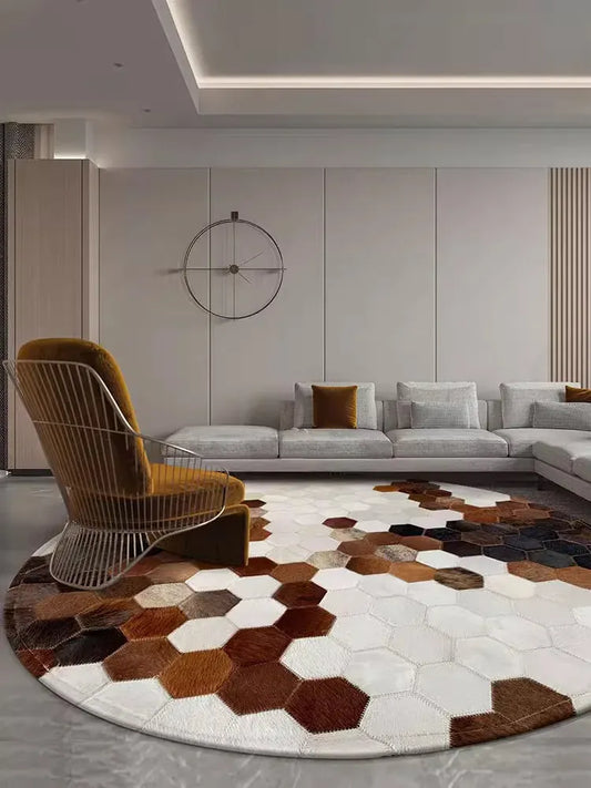 Canvanation Tapis Rond en Véritable Peau de Vache – Marron, Noir et Blanc, Fait Main, Tapis de Salon et Chambre Style Naturel