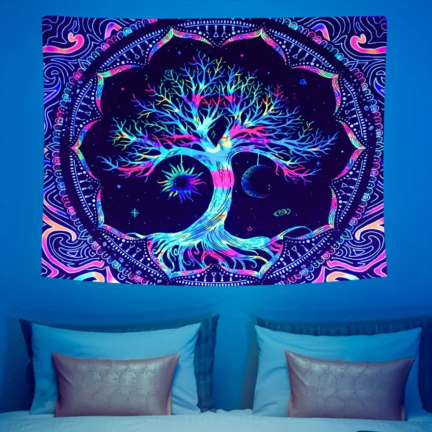 Tapisserie Arbre de vie Soleil Lune Etoiles Galaxie Colorée Hippie Psychédélique