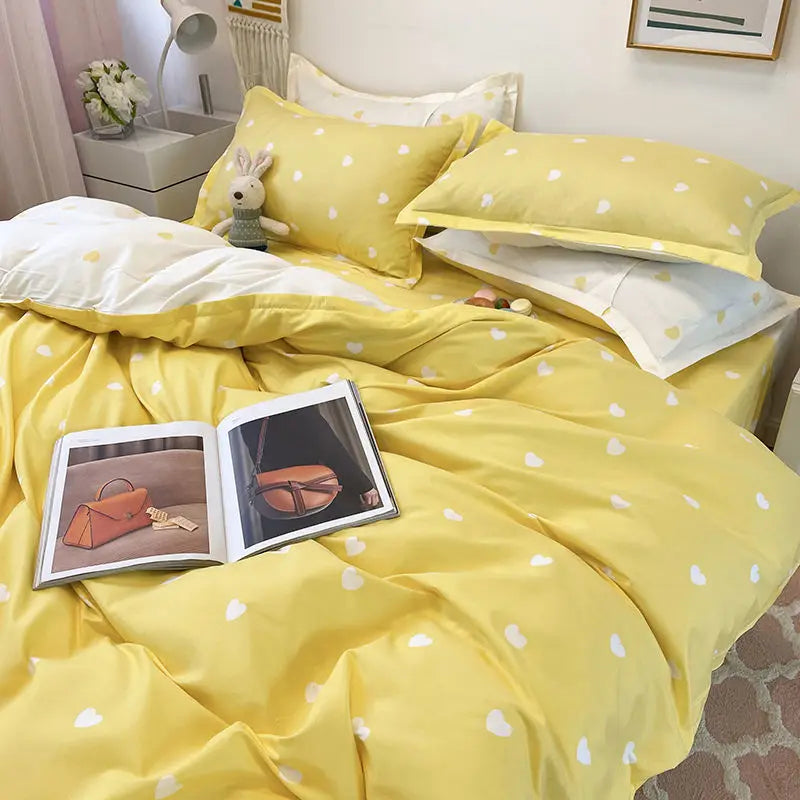 Housse De Couette + Taies D'Oreillers + Drap De Lit - Coeurs Imprimés