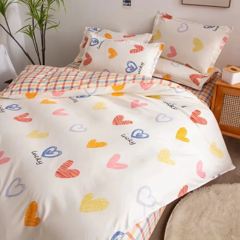 Housse De Couette + Taies D'Oreillers + Drap De Lit - Coeurs Imprimés