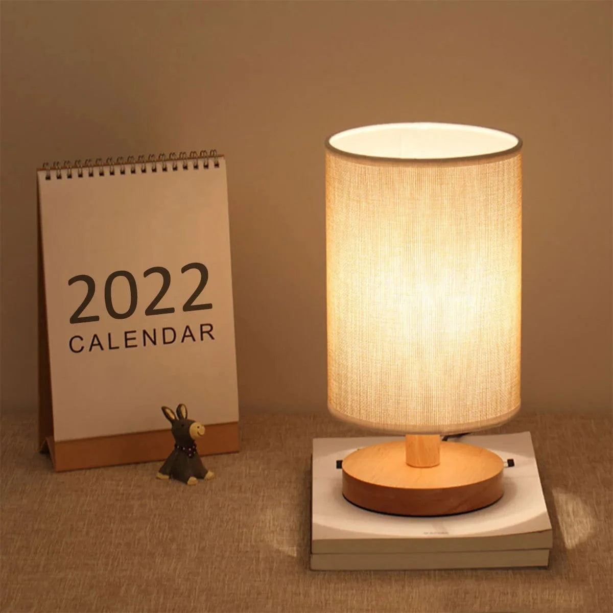 Canvanation Lampe de Chevet en Bois avec Abat-Jour en Lin – LED Tactile et USB