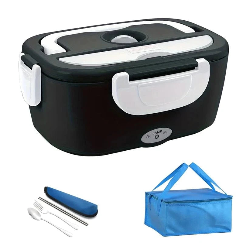 Canvanation Noir-Sac Cutlery / EU et Prise Voiture Lunch Box Électrique Portable 2-en-1 – Chauffage Rapide & Polyvalent