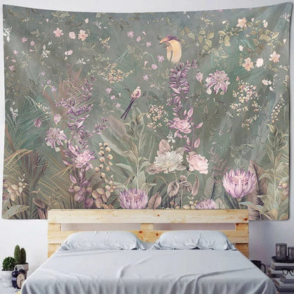 Canvanation WHITE / 150x100cm Tapisserie d'Art Jungle Oiseau – Scène Psychédélique
