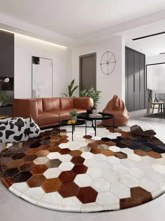 Canvanation Tapis Rond en Véritable Peau de Vache – Marron, Noir et Blanc, Fait Main, Tapis de Salon et Chambre Style Naturel