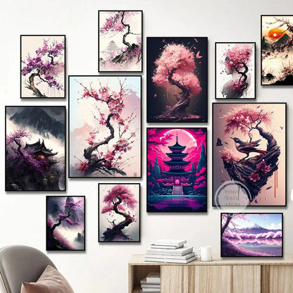 Affiche Japonais Cerisiers En Fleurs Sakura Temple Japon Paysages Mont Fuji