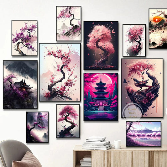 Affiche Japonais Cerisiers En Fleurs Sakura Temple Japon Paysages Mont Fuji