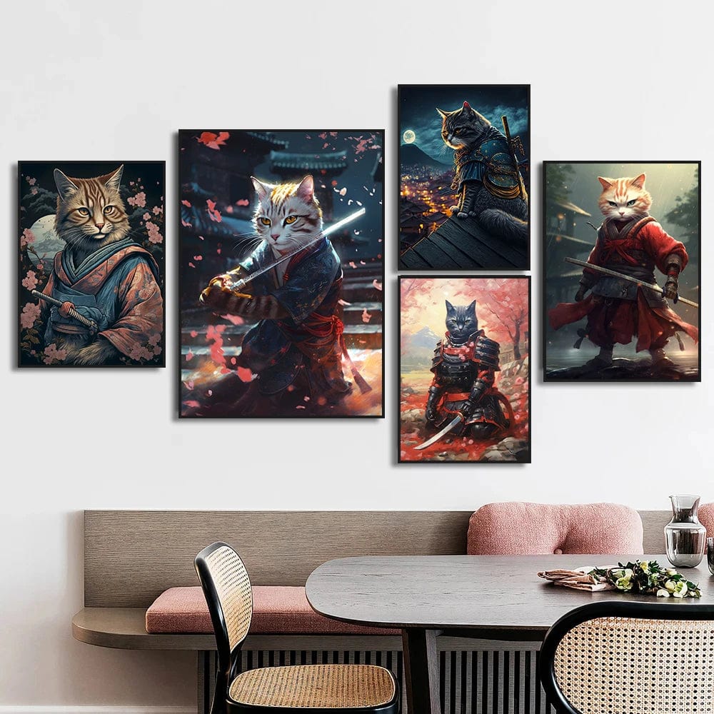 Affiche Japonais Chat Samurai Katana Sakura