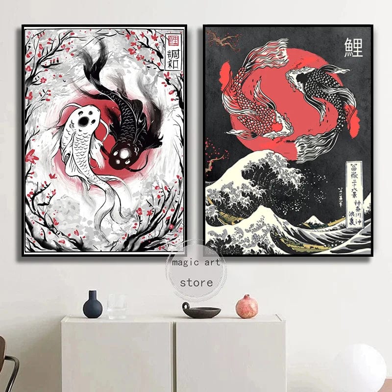 Affiche Japonais Vintage Carpe Koï Deux Poissons Koï Yin Yang