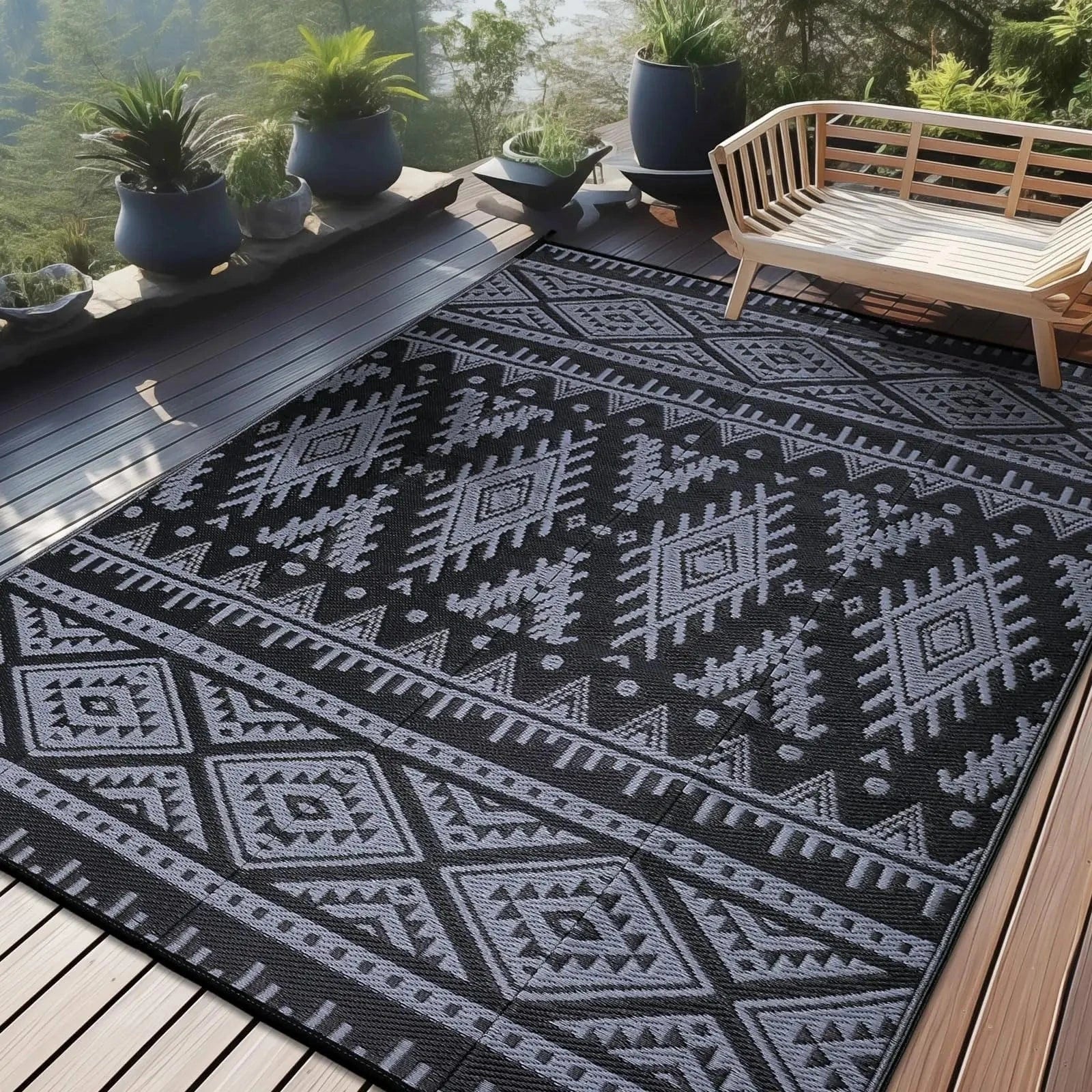 Canvanation Noir Gris / 9X12inch(270x360cm) Tapis Boho Rectangulaire – Motif Infini | Déco Bohème pour Salon, Chambre et Extérieur