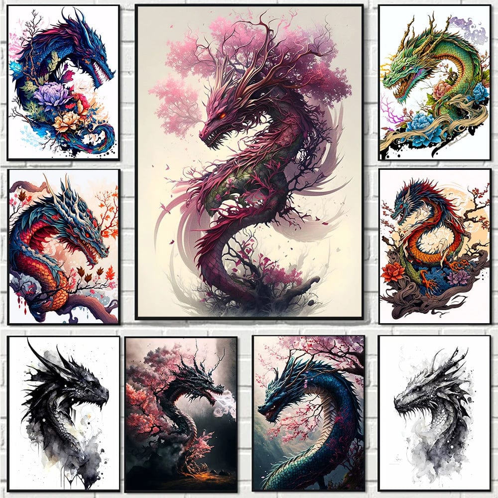 Affiche Japonais Sakura Fleurs Forêt Dragon