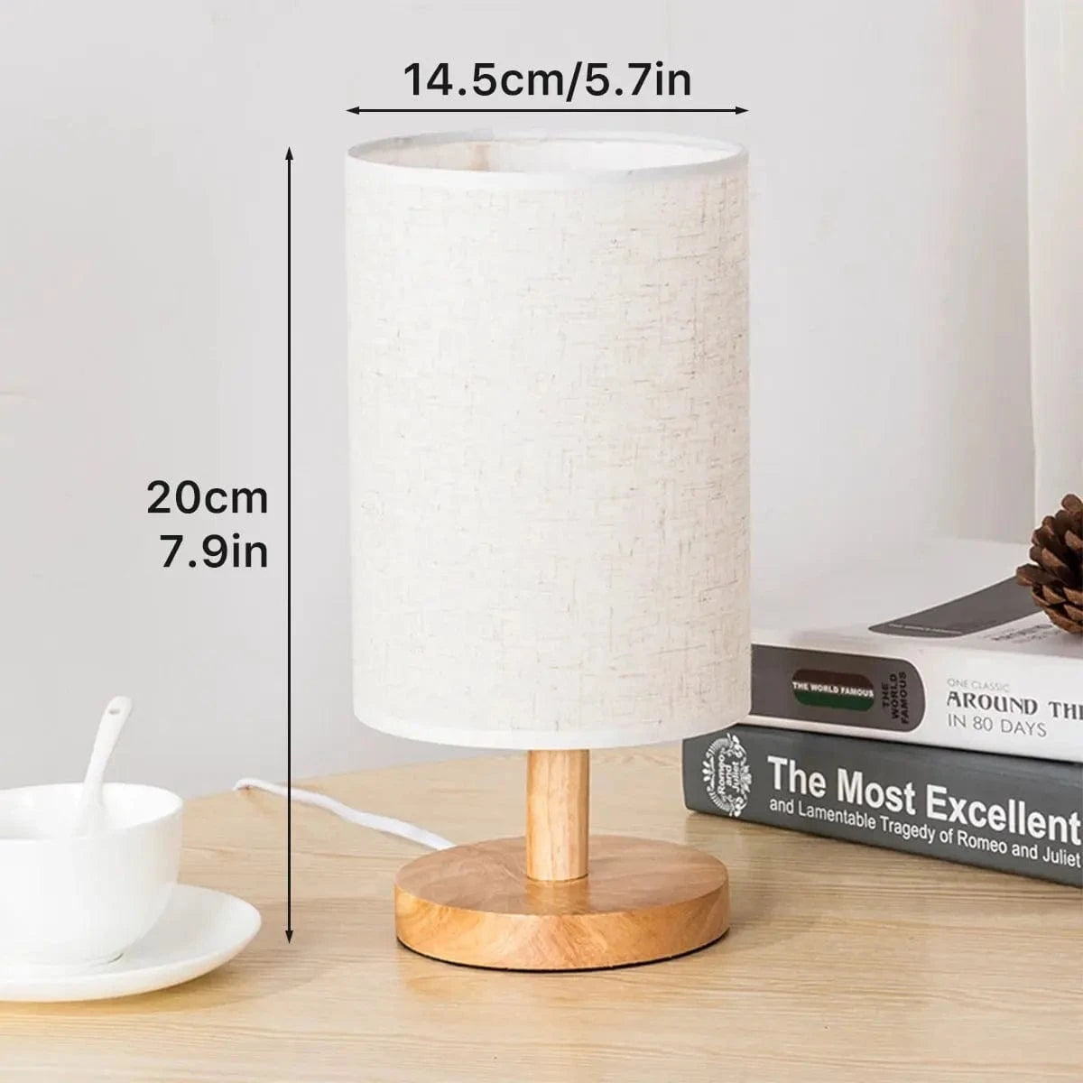 Canvanation Lampe de Chevet en Bois avec Abat-Jour en Lin – LED Tactile et USB