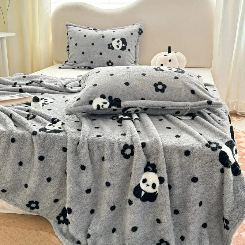 Canvanation Plaid Chauffant Noir Panda – Motifs Cartoon Rétro, Ultra-Doux et Confort Hiver