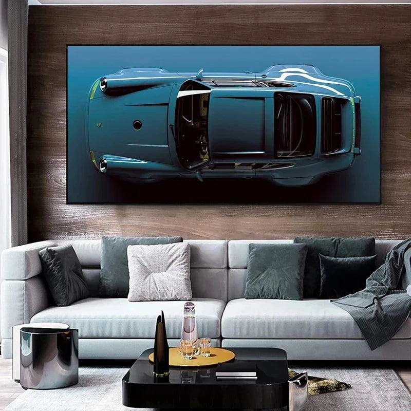 Affiche Voiture Porsche Accroché Au Mur Bleu 