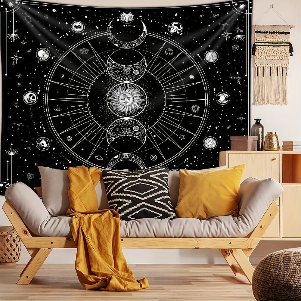 Tapisserie Constellation Psychédélique Soleil et Lune Noir Et Blanc